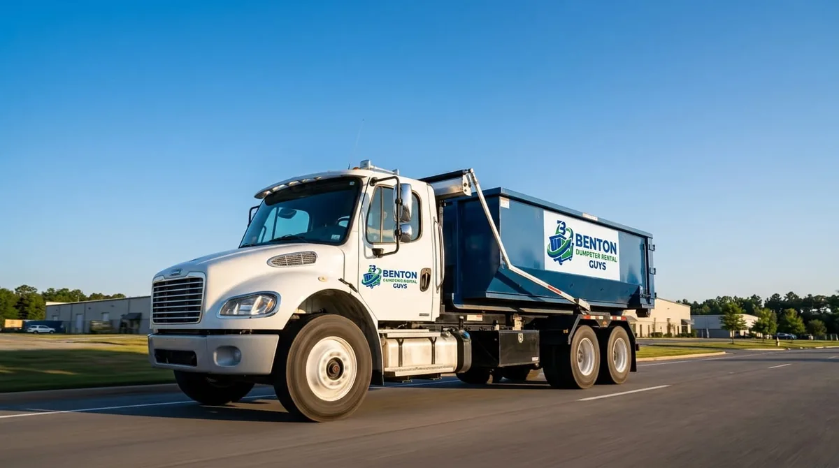 Benton Dumpster Rental Guys crew beside a branded roll-off truck