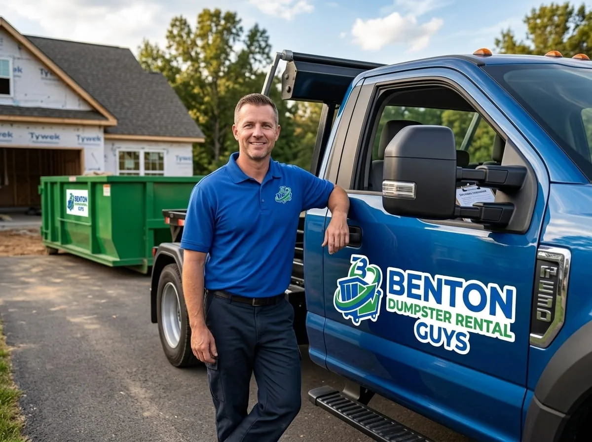 Roll-off dumpster with boards protecting an Benton driveway