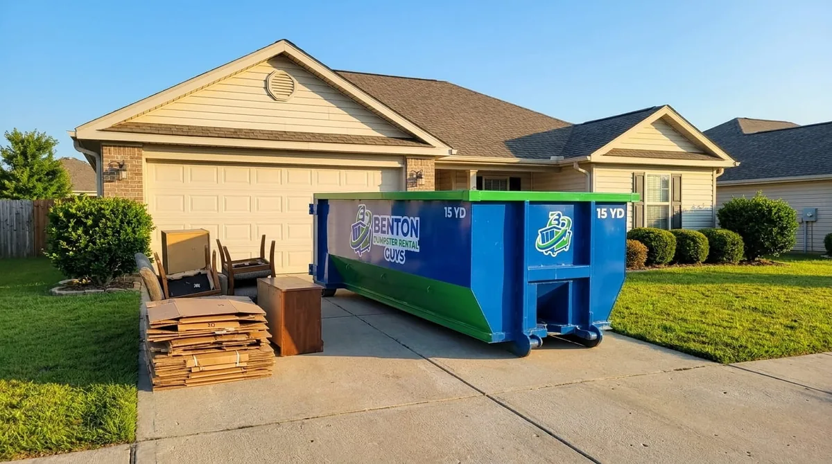 Roofing tear-off debris in a roll-off dumpster